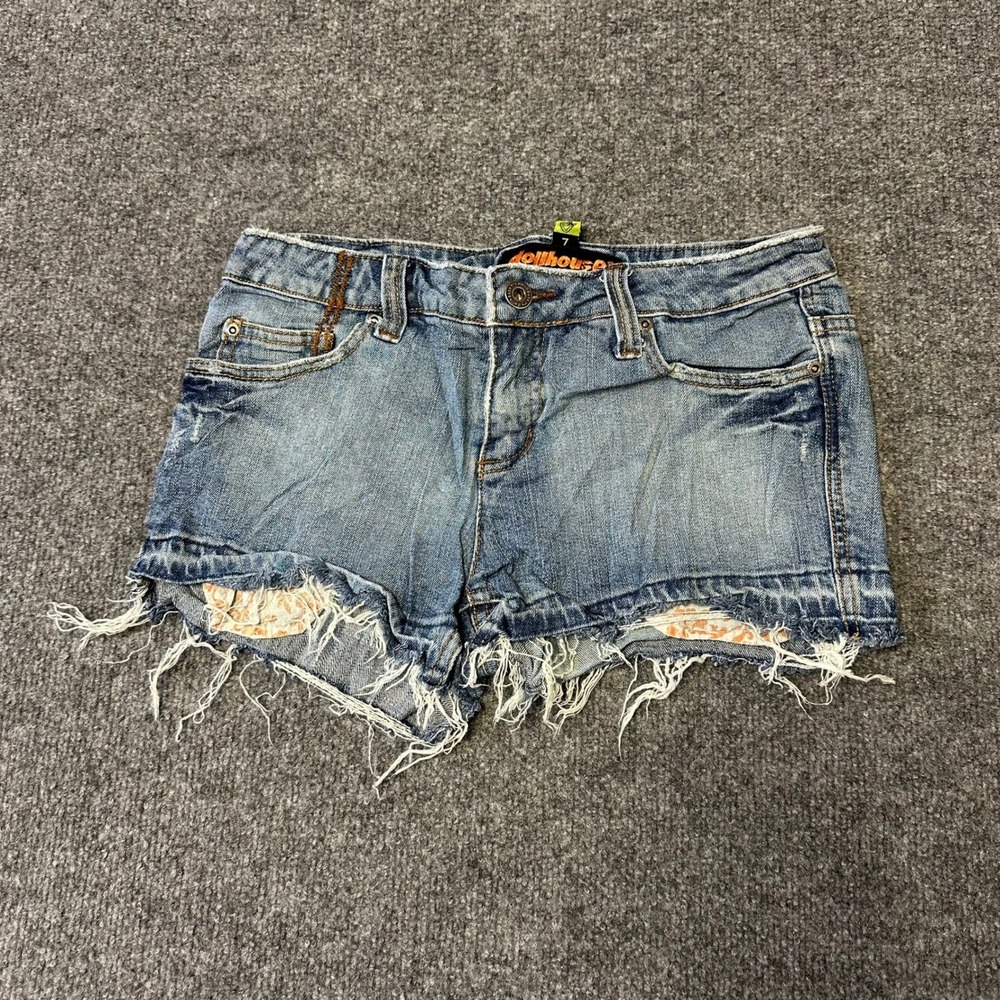 Dollhouse Shorts Womens Size 7 Blue Denim Low Rise Frayed Raw Hem Distressed